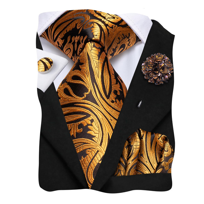 Чоловічий краватковий комплект Hi-Tie: краватка, нагрудна хустинка, затискач для краватки, запонки, шовкова тканина, чорний/золотий візерунок павліній, для вечірки, весілля