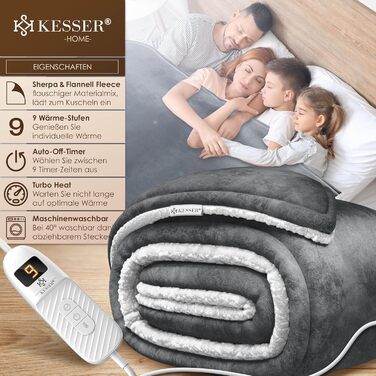 Електрична грілка KESSER® 200x180 см з автовимкненням | 9 температурних режимів | Зручна та тепла | Для ліжка та дивану | Можливість прання до 40°C | з таймером та цифровим дисплеєм | Антрацит
