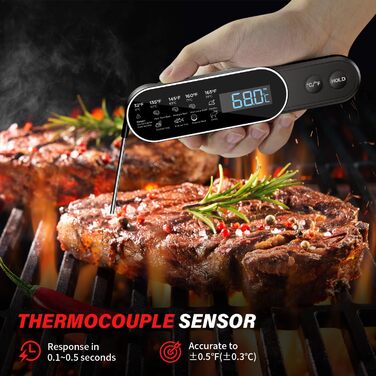 Бездротовий термометр для м'яса з миттєвим зчитуванням, ±0.3°C, IP67, для приготування на грилі, барбекю, кухні. Термометр для м'яса з LCD екраном