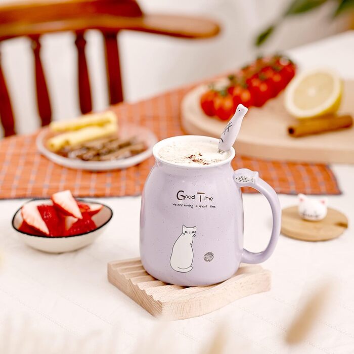 Set of 2 Cat Mugs - Cute Ceramic Coffee Cups in a Set of 2 with Bamboo Lid and Spoon. Novelty Morning Cup Coffee, Milk, Tea Cups - 3D Cat Animal Mugs for Cat Lovers (Purple and Yellow)