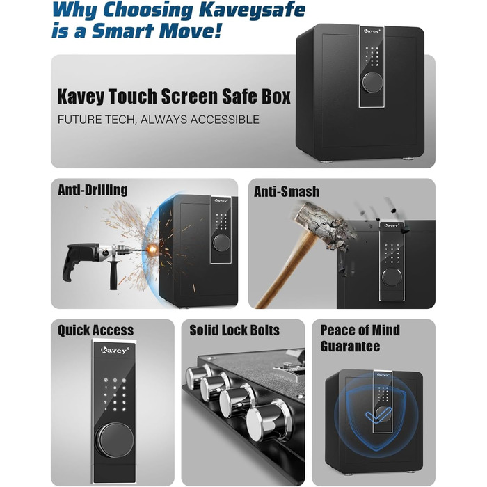 Кейві 2.0 Kub Safe Box: сейф з LCD-сенсорним екраном, двома тривогами, LED-підсвіткою, знімною полицею, для грошей, документів та цінностей (2,0 м³)