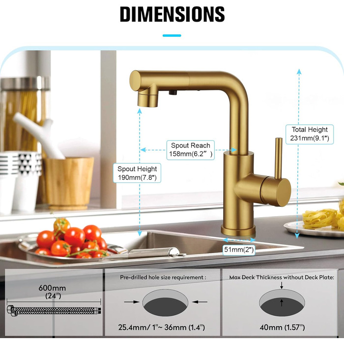 Кран кухонний CREA з 3 функціями: душ, висувний вилив, поворот на 360°, матовий золотий