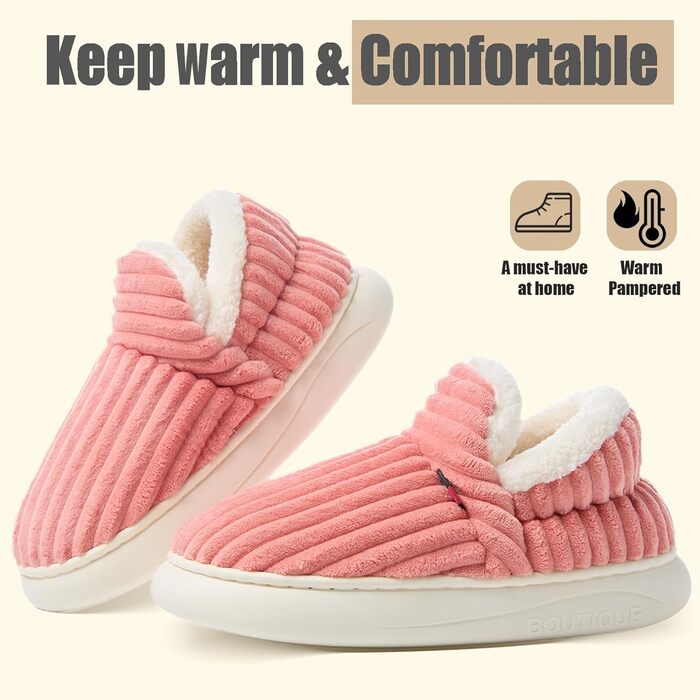 Тапочки жіночі зимові теплі з піною з пам'яті, чоловічі, з м'якого корду, повністю пухнасті, м'які, закриті, бавовняні, з антиковзким покриттям, зручні для дому та вулиці, 38/39 EU, рожеві