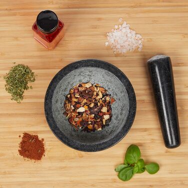 Гранітний ступка з толуштою Relaxdays – 14 см, 400 мл, сірий/білий | Для спецій та трав