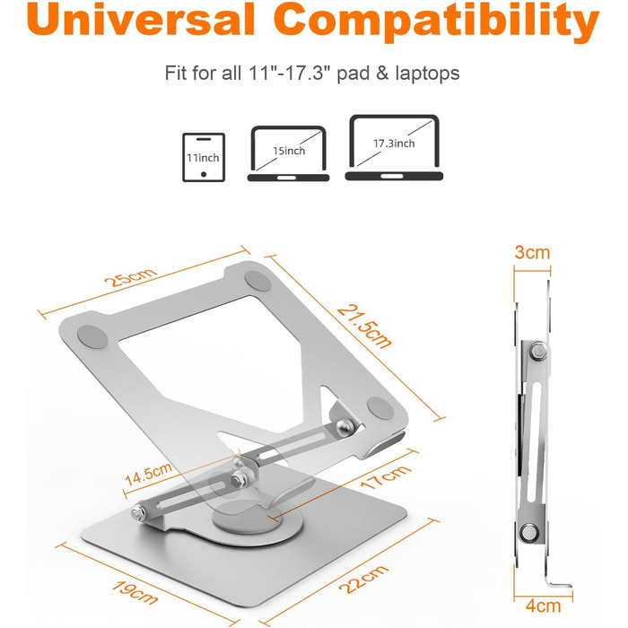Підставка для ноутбука GRIFEMA GB1050: регульована висота, поворотна основа 360°, ергономічна та вентильована – сумісна з MacBook, Dell та ноутбуками 11-17 дюймів (срібна)