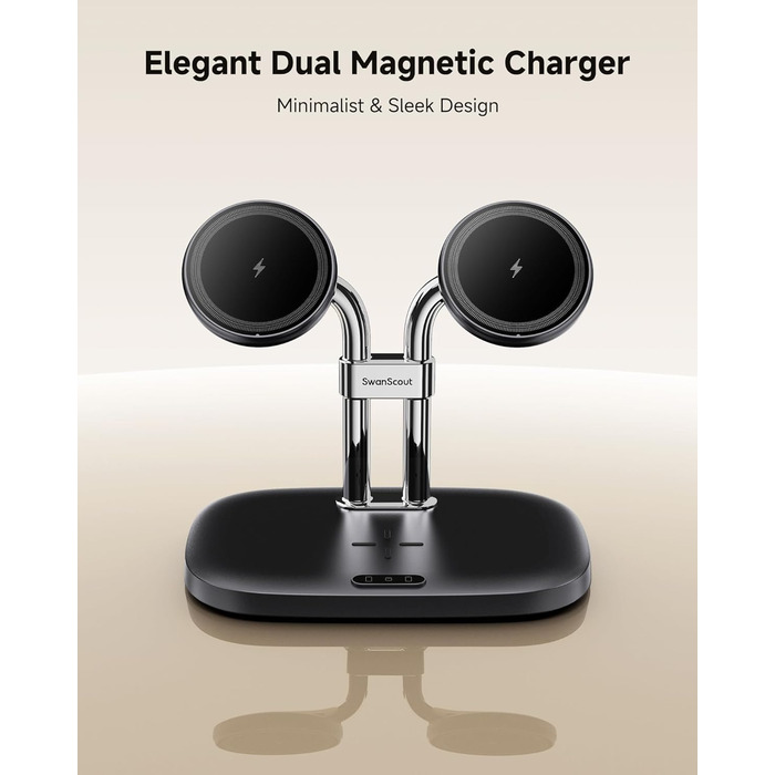 Бездротова зарядка SwanScout для iPhone 17/Air, AirPods Pro 3/2, 2 телефони, чорний