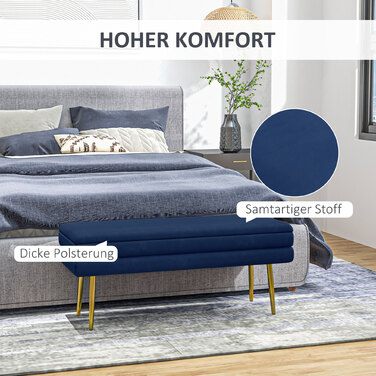 HOMCOM Bench, Upholstered Bench with Storage, Velvet-Look, Bed Bench with Steel Legs, Shoe Bench, Storage Bench for Living Room, Bedroom, Blue, 79.5 x 37.5 x 43 cm | Aosom