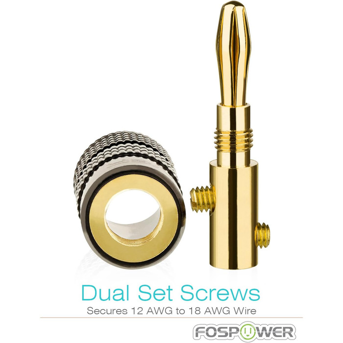 Bananstecker FosPower для акустичних кабелів: 2 пари (4 шт.) з покриттям 24K, для сабвуферів та стінних панелей. High-End