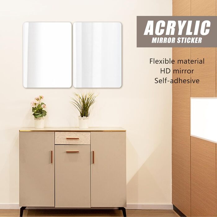 Самоклеючі дзеркальні наклейки на плитку, 4 шт. (40x30 см, круглий кут) - акрилові дзеркала для дому, школи, ванної кімнати