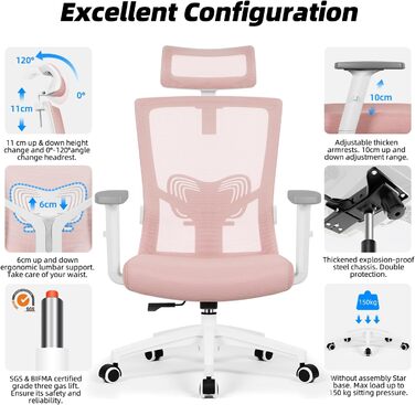 Ергономічне крісло Daccormax для офісу: регульована спинка, підголівник, підлокітники, витривале до 150 кг (Рожевий)