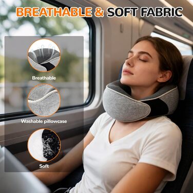 Подушка для шиї у літак, подушка для подорожей Memory Foam 360° підтримка, подушка-вичку для дорослих з берушами, маскою для очей та сумкою. Регульована компактна подушка для подорожей літаком, автомобілем, поїздом