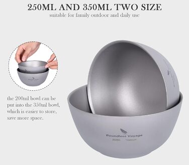 iBasingo Titan Bowl Rice Soup Cup Outdoor Camping Dinnerware 350ml Lightweight Double-Walled Round Bowl Tableware for Travel Hiking Home Ti1094T 350ml -Ti1094t