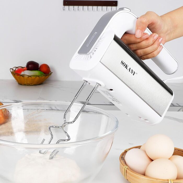 Міксер SOKANY 800W з нержавіючої сталі, 5 швидкостей, 2 гачки для тіста та 2 вінчики (Cx-6651w White)