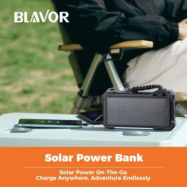 Сонячний павербанк BLAVOR 20000mAh з підтримкою швидкої зарядки 20W, USB-C, бездротовим заряджанням для Apple Watch, ліхтариком та карабіном, чорний