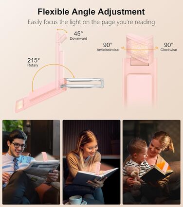 LED-лампа для читання Gritin з USB-зарядкою, кріпленням на книгу, регулюванням яскравості та кольору, для книголюбів (білий/рожевий)