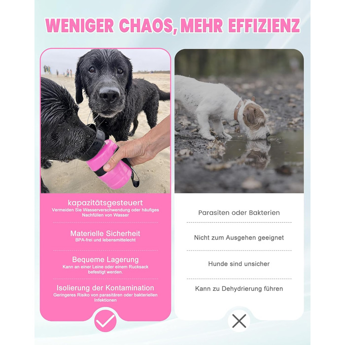 Складана пляшка для води для собак Lesotc 520мл, рожева, для прогулянок, подорожей та кемпінгу