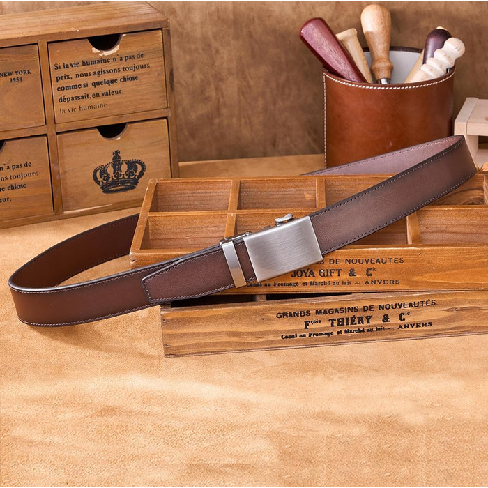 Чоловічий шкіряний ремінь VRLEGEND з автоматичною пряжкою (ратинг) без дірок для ділового костюма, розмір регулюється, з подарунковою коробкою, талія 30W-36W=довжина 110см, темно-коричневий