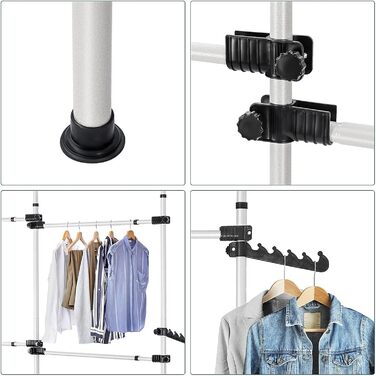 Telescopic Wardrobe System, Clothes Rail System, Shelf System, Clothes Rack with 3 Rails, 4 Crossbars and 2 Wide Hooks for Home and Retail Clothing Stores, 153-272x281-329cm