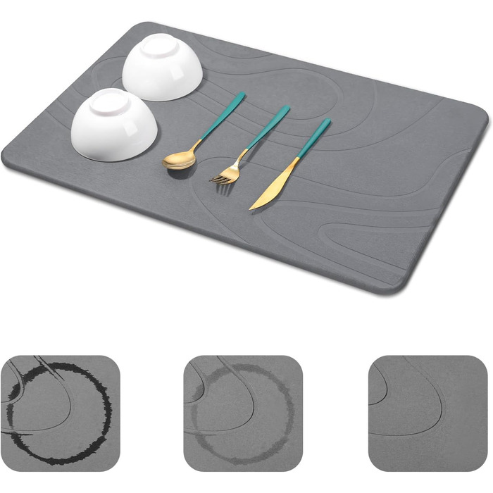 Підставка для сушіння посуду Snuggery, 61 x 40.6 см, сіра, з кремнеземом, швидковисихаюча, антиковзаюча