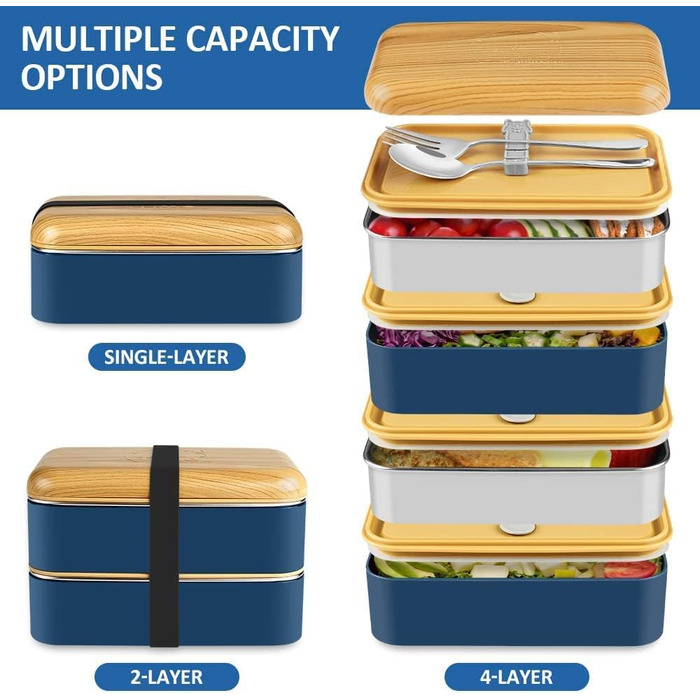 HOLIPOT Ланчбокс Bento Box з роздільниками, 2 рівні, з нержавіючої сталі та PP, з ложкою та виделкою, сумка, для дітей та дорослих, блакитний