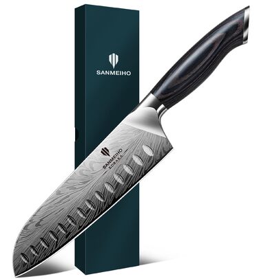 Ніж кухонний SANMEIHO Santoku 18 см з порошкової сталі, професійний шеф-ніж з пакавуд рукояттю