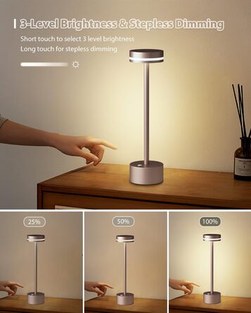 Настільна акумуляторна LED лампа бездротова 2 шт, сенсорний вимикач, алюмінієвий корпус, димування 3 рівні, 4000mAh, тепле світло 3000K, рожеве золото