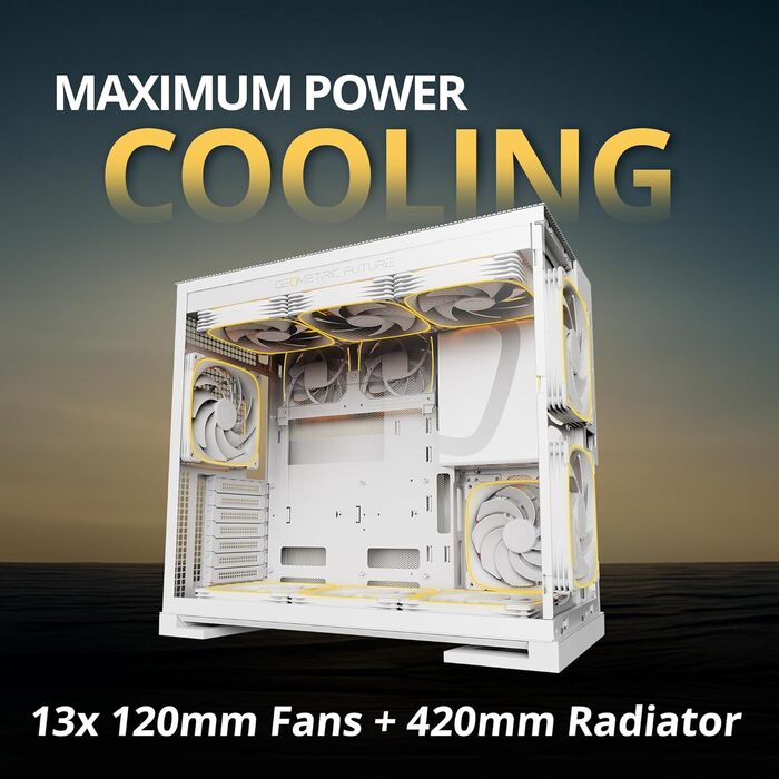 Корпус для ПК Geometric Future M5 Vent Mesh - ігровий Mid Tower з темним склом, підтримка E-ATX/ATX, висока циркуляція повітря, сталь 1.2 мм, Type C, радіатори 420/360, подвійний відсік, GEO-M5V-BY (Mesh версія з 5 вентиляторами 140x140, білий)