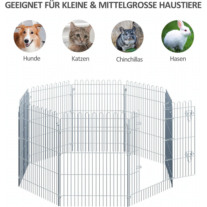 PawHut Вольєр для цуценят/собак, 8 панелей, 63B x 91H см, срібний, для собак, котів, цуценят, вольєр для собак на вулицю