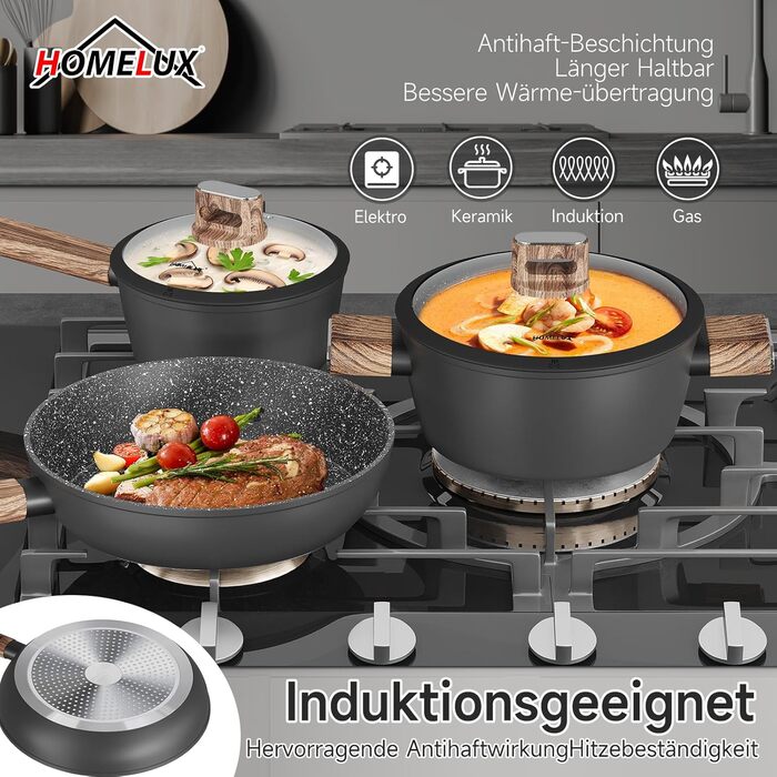 Набір каструль HOMELUX 10 частин з нержавіючої сталі, індукційне дно, з кришками, чорний