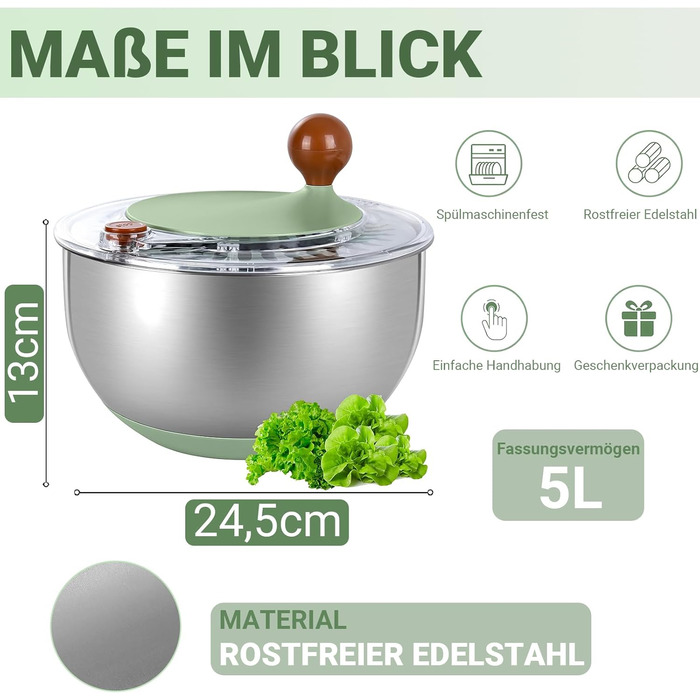 Салатниця-центрифуга з нержавіючої сталі, 500 г об'єму, 5 л, ручний привід з ручкою, неслизький кришка та випуск води, придатна для миття в посудомийній машині, ідеальна для свіжих салатів та овочів