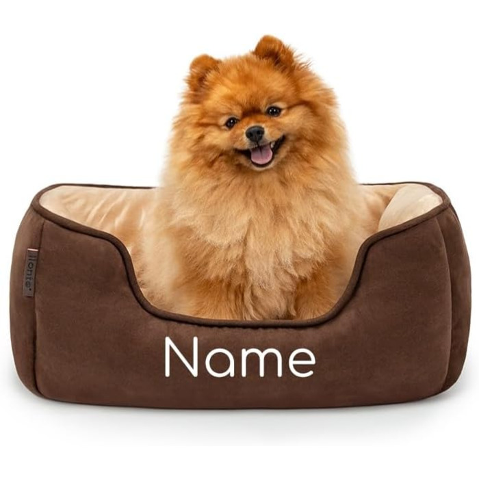 Ліжко для собак Lionto 2-в-1 з комфортним входом, м'яке домашнє ліжко для тварин, підходить для собак та котів, 80x60 см, подушка для собак з легкою у догляді оксамитовою обробкою, сірий колір (Д 60 x Ш 50 x В 22 см (з іменним нанесенням), Коричневий/Беже