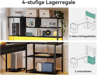 Комп'ютерний стіл Coleshome L-подібний з 5 ящиками та 4 полицями, 180x100 см, з LED-підсвічуванням, розетками та USB, для дому та офісу, білий/чорний