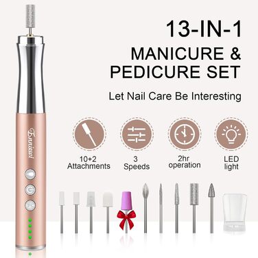 Електричний набір для манікюру та педикюру 13 в 1 Kabellos з підсвічуванням, 25000 об/хв, з пилозбірником, для дому, золото