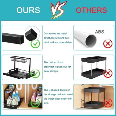 Cocolemon Under Sink Shelf Organizer, 2-Tier Kitchen Cabinet Organizer with Drawer, Large Capacity Under Sink Shelf, Spice Rack and Kitchen Helper for Kitchen, Bathroom, Under Cabinet, Black (2 PCS)