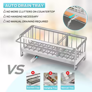 Kitchen Sink Organizer, Sponge Holder for Kitchen Sink with Automatic Draining Basket, Dish Towel Hanger, Stainless Steel 304, Dish Organizer, Soap Dispenser, Storage
