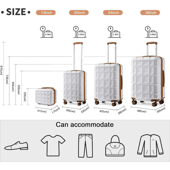 Набір валіз KONO 4 шт. з ABS, TSA-замок, коліщата-двійники, M-L-XL, білий