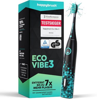 Електрична звукова зубна щітка happybrush® Eco Vibe 3 - Чорний колір - Набір з 4 насадок - Тестовий лідер - 100 днів тестування