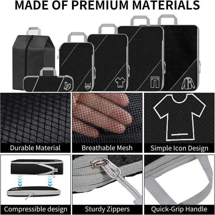 Органайзер для валізи, набір 6 шт. (Compression Packing Cubes), чорний