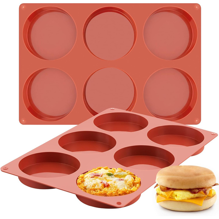 JOERSH Silicone Egg Molds, 10.2 cm, Jumbo Muffin Baking Pans, Non-Stick Coated, Large, Round, Silicone Molds for Hamburger Buns, Cornbread, Cakes, Pies, Shortcakes, Breakfast Eggs, Sandwiches