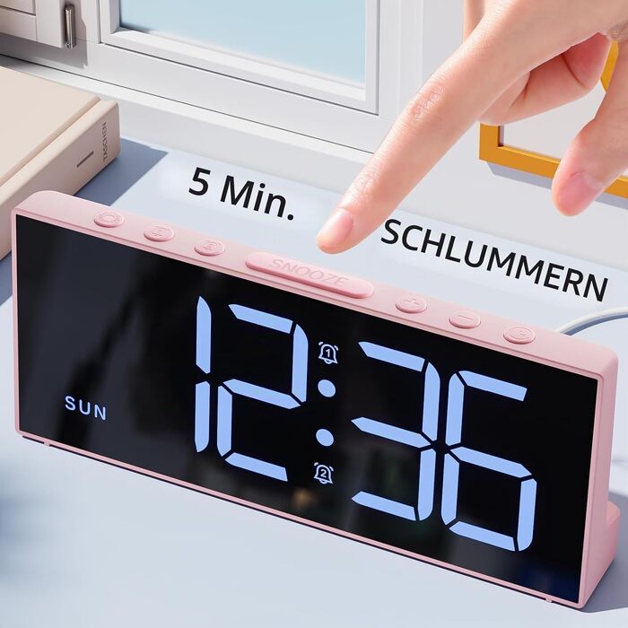 Цифровий будильник LATEC з 2 сигналами, функцією Snooze та USB-портом, 4 рівні яскравості, регулювання гучності, мережеве живлення (Рожевий)