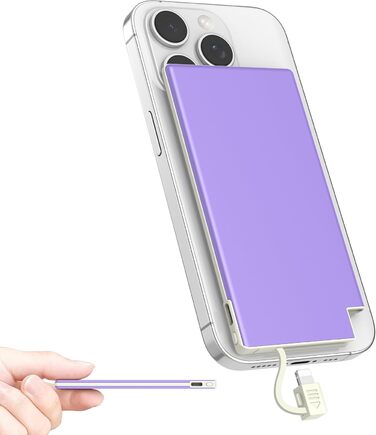 Power Bank Auskang 5000mAh Slim з кабелем для iPhone (сумісний з iPhone 14 та попередніми моделями) - фіолетовий+білий, 0.68 см