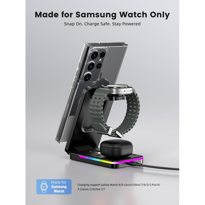 Магнітна зарядна станція 3-в-1 для Samsung Galaxy S26 Ultra, S25, Z Fold 7, Z Flip 7, Galaxy Watch Ultra 8/7/6 та Buds Pro 3 - бездротова, складна, чорна