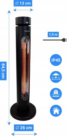 Інфрачервовий обігрівач Climative 2500W з 9 рівнями, IP65 для тераси та приміщення, настінний, з пультом та таймером, чорний (Aura)