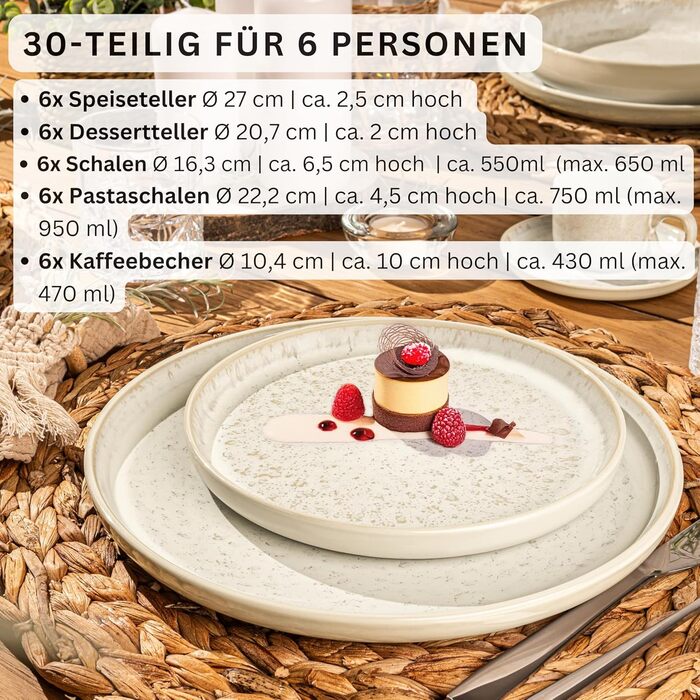 Набір посуду SÄNGER Key West 30 предметів: тарілки для 6 осіб, миски, чашки, серія VALUE COLLECTION, кремовий колір з пісочною текстурою