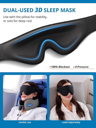 Подушка для шиї у літак Travel Pillow, подушка для подорожей з ременем та 3D-маскою для сну, з Memory Foam, для довгих перельотів та поїздок на авто (Бежева)