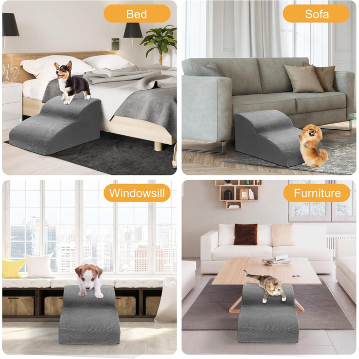 Lannvan Dog Stairs for Small Dogs, 2 Steps Pet Stairs Cat Stairs, Sponge Dog Ramp for Sofa Bed, Dog Steps with Removable Cover, Washable Pet Ladder, Lint Roller Included, Grey