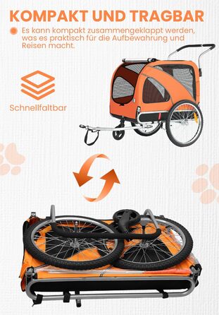 SEPNINE® Велосипедна причепа для собак XL, 2-в-1: причеп та візок для собак з відбивачами та гальмом, матеріал: 600D Oxford Canvas, максимальне навантаження 40 кг, помаранчевий колір