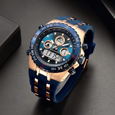 Чоловіжі військові спортивні годинники: цифрові, аналогові, з датою, будильником, світосвітністю, секундоміром. Великі годинники для чоловіків (Rose Gold Blue)
