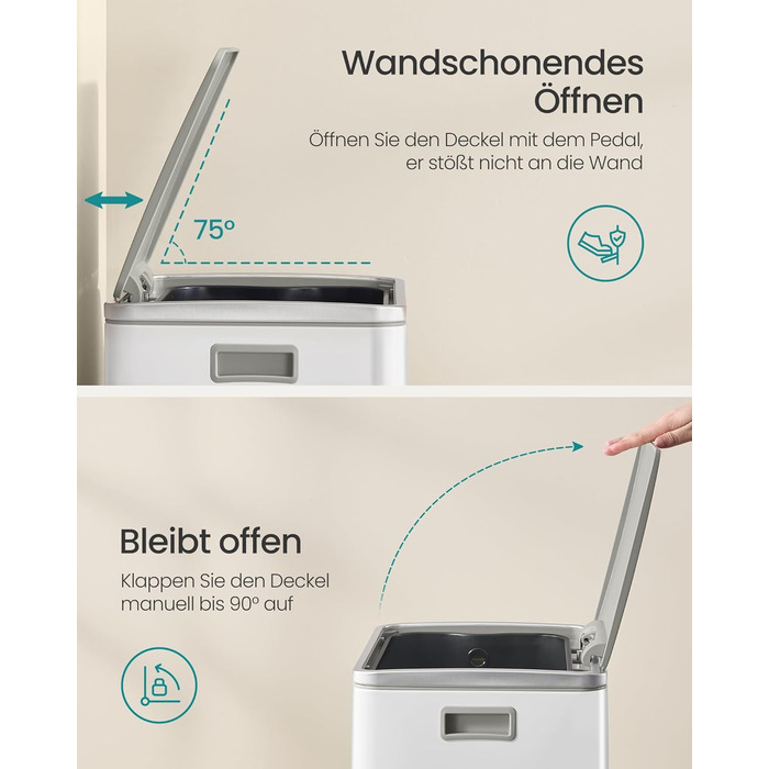 Відро для сміття SONGMICS 50 л, нержавіюча сталь, знімний внутрішній відро, Soft-Close, білий (LTB595E01)