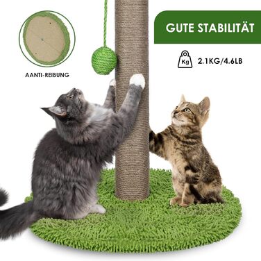 Zvonema Kratzbaum-Kratzstamm with 80 cm Scratching Post for Small and Large Cats, Sisal Rope Cat Scratching Tree with 1 Interactive Ball, Scratching Post Cat Furniture, for Indoor Activity, Play (Scratching Post with 85 cm, Green)